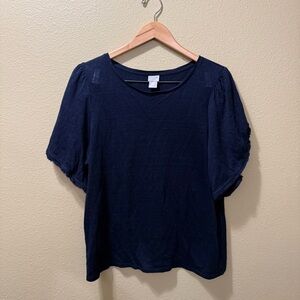 Women’s Size 2 (Large) Chico’s Navy Blue Round Neck Open Short Sleeve Shirt